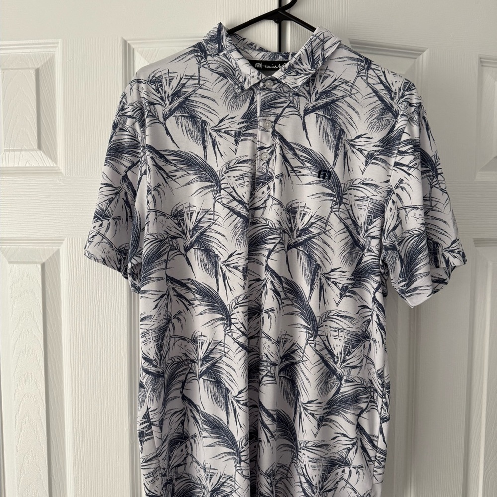 Travis Mathew White and Blue Palm Print Shirt